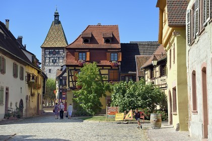 France, Haut-Rhin (68), Route des vins d'Alsace, Bergheim, place du Docteur-Pierre-Walter et la porte haute datant du XIVème siècle