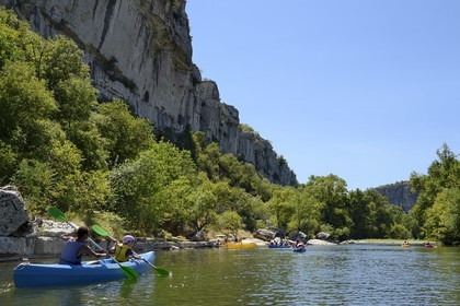 France, Ardeche, Ruoms, kayaks going down the Ardeche River in the Ruoms to Pradons Narrow Pass, cirque de Giens