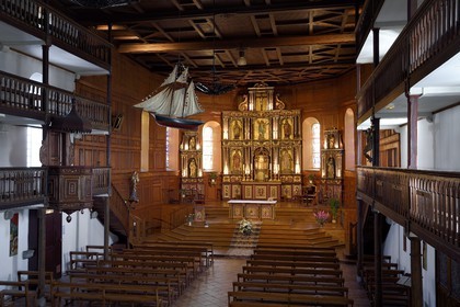 France, Pyrenees Atlantiques, Basque Country coast, Bidart, the Notre-Dame-de-l'Assomption church, the choir and the wooden galleries