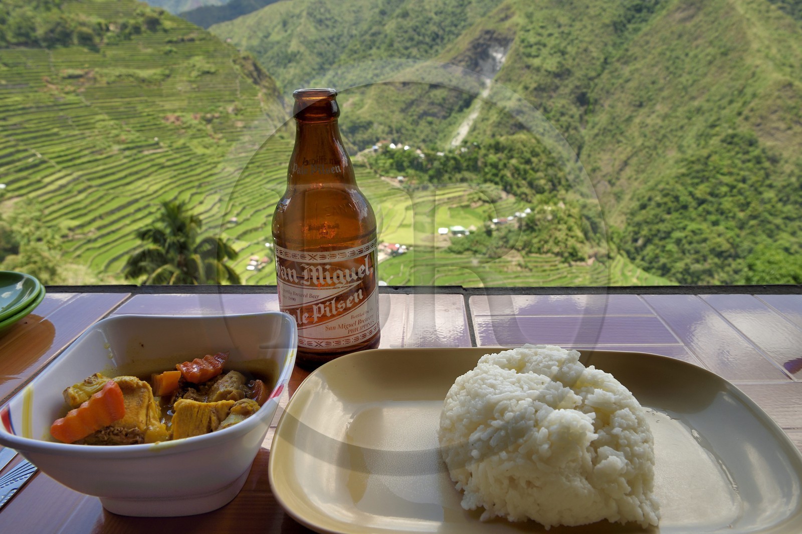 Philippines, Ifugao province, Banaue rice terraces around the village of Batad, listed as World Heritage by UNESCO, traditional meal with a view at the Hillside Inn Guest house