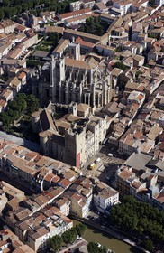 France, Aude, Archbishops palace (on left) and Saint Just and Saint Pasteur cathedral in Narbonne (aerial view)