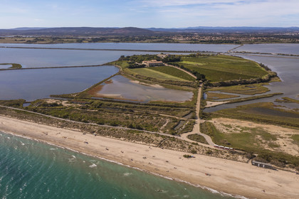 France, Hérault (34), Villeneuve-lès-Maguelone (Palavas-Les-Flots), cathédrale Saint-Pierre-et-Saint-Paul de Maguelone des XIIème et XIIIème siècles entourée de vignes sur son île, la plage du Pilou au premier plan (vue aérienne)