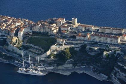 France, Corse du Sud, Bonifacio, the limestone cliffs, the citadel and the old town (aerial view)