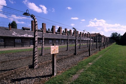Poland, Lesser Poland, Krakow area, Oswiecim village, concentration camp of Auschwitz, electrified barbed wires which surrounded the camp