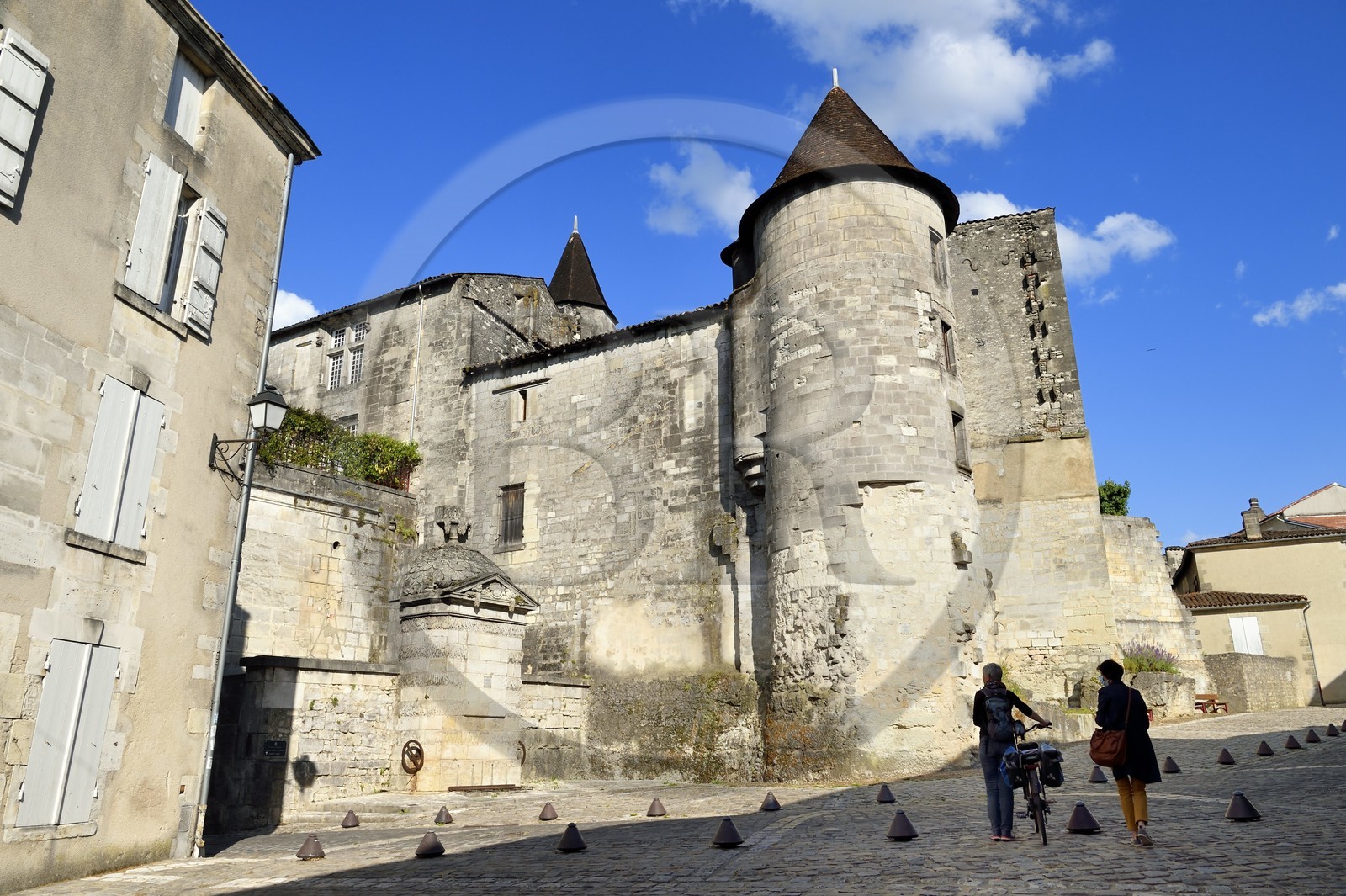 France, Charente (16), Cognac, chateau de Cognac où naquit le roi François Ier en 1494, il est devenu le siège de la société de cognac Otard, à gauche la fontaine François Ier