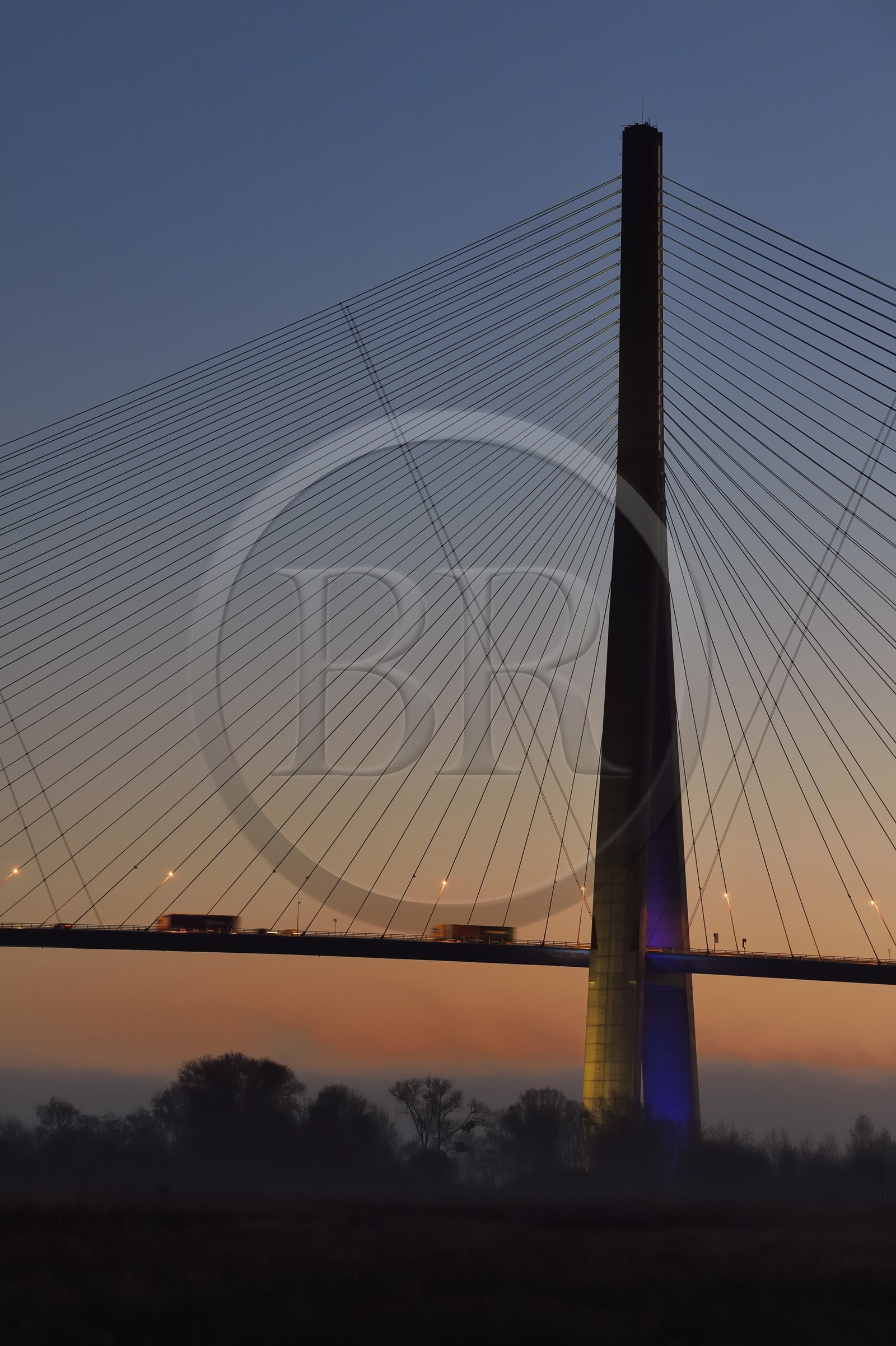 France, between  Calvados and Seine Maritime, the Pont de Normandie (Normandy Bridge) at dawn, it spans the Seine to connect the towns of Honfleur and Le Havre