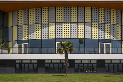 France, Charente-Maritime, Royan, the convention center (1957) designed by the architect-urban planner Claude Ferret and punctuated by the perforated yellow and gray aluminum panels of the Jean Prouvé workshops on the facade