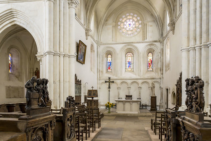 France, Yonne, Montreal (Burgundy), the 12th century Romanesque Notre-Dame collegiate church, Renaissance stalls in carved wood executed between 1530 and 1550 and donated by King Francois Ier