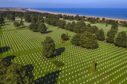 France, Calvados, Colleville sur Mer, the Normandy Landings Beach, Normandy American Cemetery and Memorial, Omaha Beach in the background