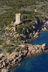 France, Corse du Sud, Monacia-d'Aullene, Olmeto genoese tower (aerial view)