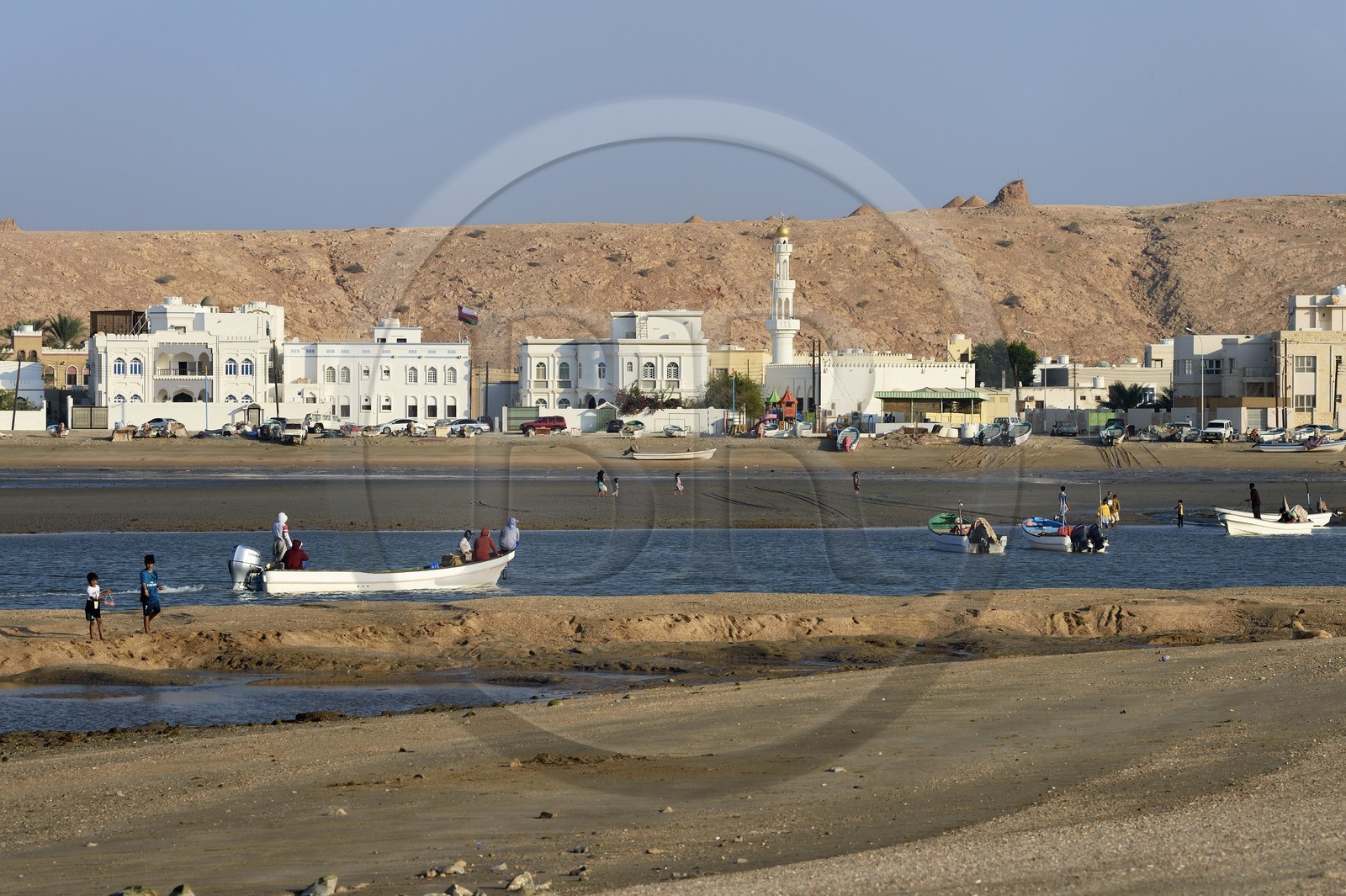 Sultanat d'Oman, gouvernorat de Ash Sharqiyah, ville et port de Sour, le vieux quartier de pêcheurs de Al Ayjah, pecheurs rentrant au port sur leur barque