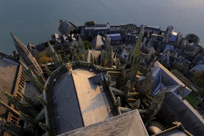 France, Manche (50), Mont-Saint-Michel, classé Patrimoine Mondial de l'UNESCO, chevet et la baie vus depuis la flèche à l'aube