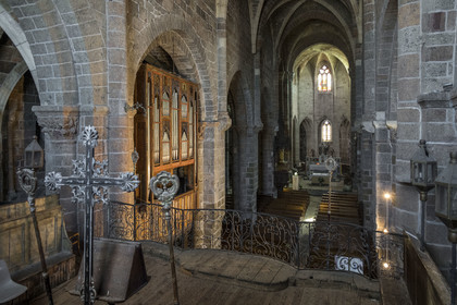France, Haute-Loire (43), Le Monastier-sur-Gazeille, hiking with a donkey on the Robert Louis Stevenson Trail (GR 70), Saint-Theofrede also called Saint Chaffre abbey church, the organ dating from 1518 is one of the oldest in Europe