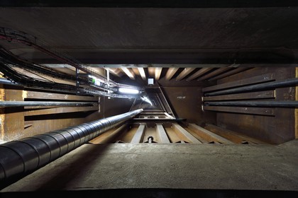 France, between  Calvados and Seine Maritime, the Pont de Normandie (Normandy Bridge), under the road at the connection of the prestressed concrete portion of the deck and the metal portion