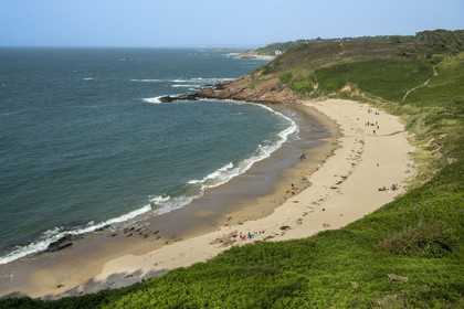 France, Cotes d'Armor, Grand Site de France Cap d'Erquy – Cap Frehel, Erquy, Portuais beach and the Saint-Michel chapel in the background