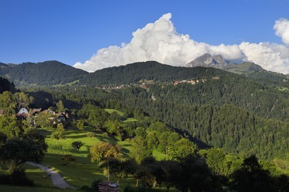 Switzerland, Canton of Vaud, Ollon, hamlet of Huemoz and Villars-sur-Ollon in the background
