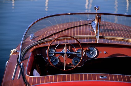 France, Savoie, Navig'Aix on Le Bourget lake, famous Riva mahogany wooden motorboat