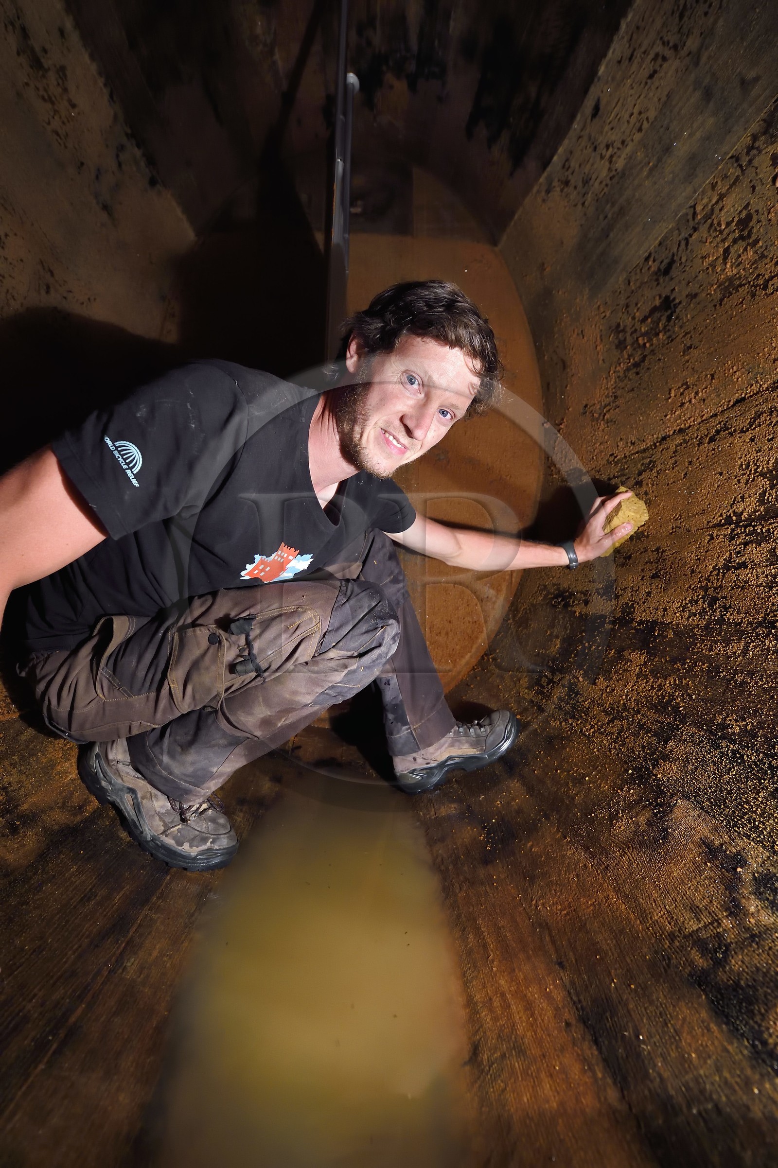 France, Haut-Rhin (68), Route des vins d'Alsace, Bergheim, Domaine viticole Marcel Deiss, le viticulteur Mathieu Deiss nettoyant l'intérieur d'un grand tonneau aussi appelé foudre