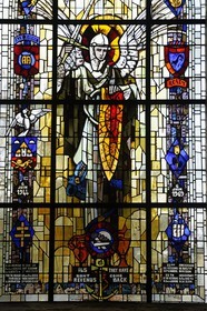 France, Manche, Cotentin, Sainte Mere Eglise, stained glass in memory of the landing of D day