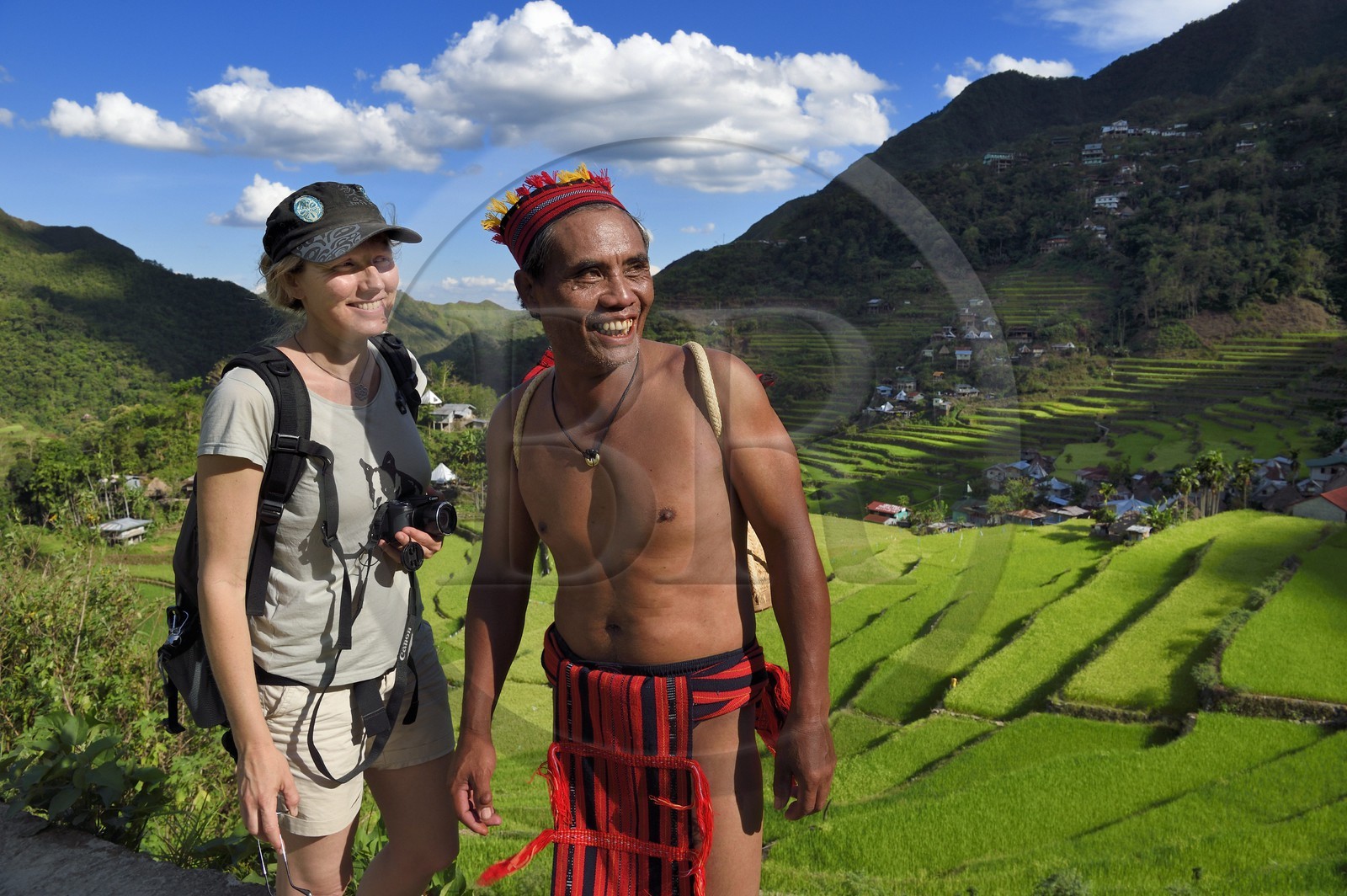 Philippines, Ifugao province, Banaue rice terraces around the village of Batad, listed as World Heritage by UNESCO, the guide Adolpho coated in the traditional Ifugao costume