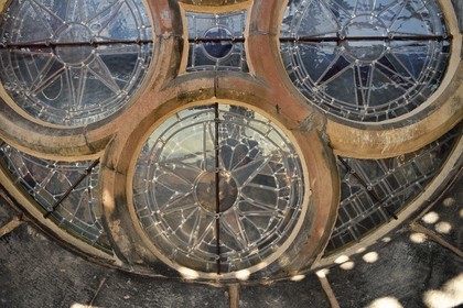 France, Bas Rhin, Strasbourg, old town listed as World Heritage by UNESCO, Notre Dame Cathedral, eastern facade, original stained glass lined by a modern stained glass window in white glass for protection