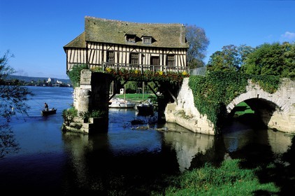France, Eure, Vernon, Old Mill on an ancient Bridge on the Seine River
