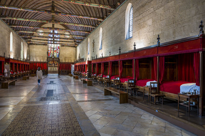 France, Cote d'Or, Beaune, area listed as World Heritage by UNESCO, Hospices de Beaune, Hotel Dieu, the Great Hall of the Poor and its curtained beds