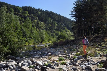 France, Haute Loire, Loire river Valley, Arlempdes, hiker going up the banks of the Loire river around Arlempdes