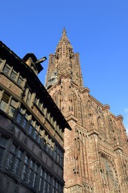 France, Bas Rhin, Strasbourg, old town listed as World Heritage by UNESCO, Place de la Cathedrale, the Maison Kammerzell built in the 15th-16th century converted to a hotel and restaurant, Notre Dame Cathedral in the background