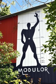 France, Alpes Maritimes, Roquebrune Cap Martin, Cap Martin, architectural work of Le Corbusier, listed as World Heritage by UNESCO, former restaurant and bar the Etoile de Mer of Thomas Rebutato, mural painting representing the Modulor on the Camping units designed by Le Corbusier (Authorization request necessary before publication)