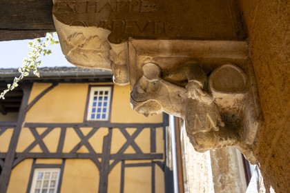 France, Côte-d'Or (21), les climats de Bourgogne classés Patrimoine Mondial de l'UNESCO, Beaune, Hotel Le Cep dans l’hôtel particulier Brunet de Monthelie du XVe et XVIe siècle, bouffon symbole alchimique de la transformation avec le tonneau et la cuillère, support de voute dans la cour à colombages Thiroux de Saint Félix datée de1570