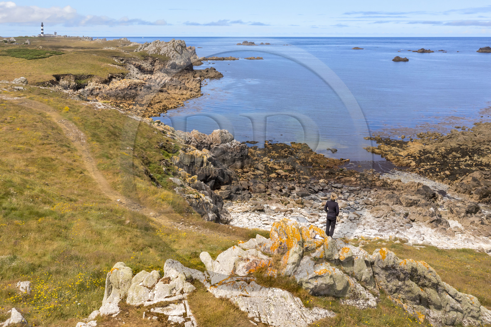 France, Finistère (29), Mer d'Iroise, Ile d'Ouessant, randonneur sur le chemin cotier de la cote dechiquetée et les rochers de la cote Nord, le phare du Créac'h en arrière plan (vue aérienne)