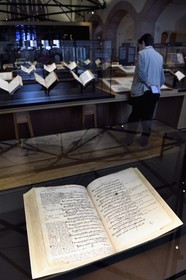 France, Bas Rhin, Selestat, the Humanist Library refitted by architect Rudy Ricciotti, coming at the beginning from the personal library of Beatus Rhenanus (1485-1547), School notebook by Beatus Rhenanus, student at the Latin School of Sélestat (1498-1499) Texts, drawings and comments of the student's hand, 13 years old