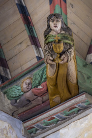 France, Finistère, Roscoff, Notre-Dame de Croaz Batz church, painted wooden sculptures on the sand pit decorating the vault