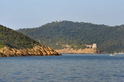 France, Var (83), Iles d'Hyères, Parc national de Port Cros, Ile du Levant, l'Ile de Port Cros et le Fort de Port-Man en arrière plan