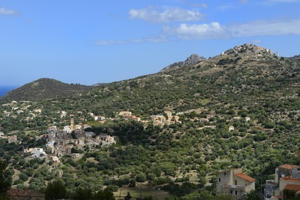 France, Haute Corse, Balagne, village of Aregno left and the perched village of Sant'Antonino in the background