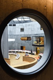 France, Seine Maritime, Le Havre, Downtown rebuilt by Auguste Perret listed as World Heritage by UNESCO, the little volcano artwork by architect Oscar Niemeyer, library and media library