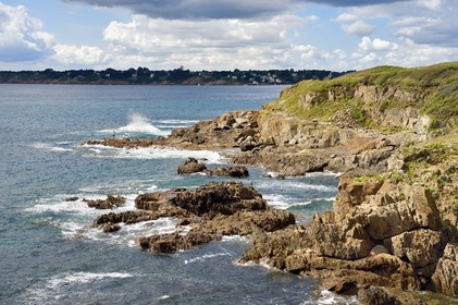 France, Finistere (29), Moelan sur Mer, the coast between Kerfany les Pins and the beach of Trenez along the GR 34 hiking trail or sentier des douaniers (customs trail)