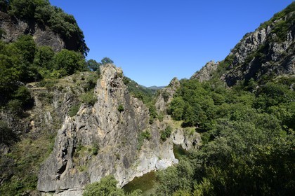 France, Ardeche, Monts d'Ardeche Regional Natural Park, Thueyts, the upper valley of the Ardeche River, the via ferrata of the Pont du diable (the Devil's Bridge)