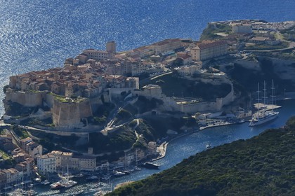 France, Corse du Sud, Bonifacio, the limestone cliffs, the citadel and the old town (aerial view)