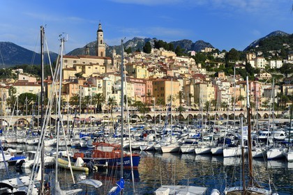 France, Alpes-Maritimes, Menton, the port and the old town dominated by the St Michel Basilica
