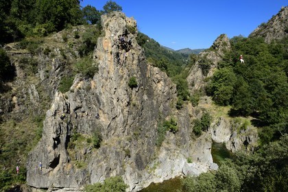 France, Ardeche, Monts d'Ardeche Regional Natural Park, Thueyts, the upper valley of the Ardeche River, the via ferrata of the Pont du diable (the Devil's Bridge)