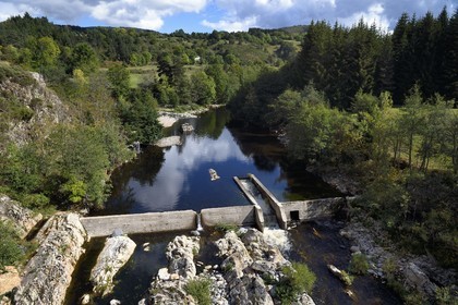 France, Ardeche, parc naturel regional des Monts d'Ardeche (Regional natural reserve of the Mounts of Ardeche), Mezenc Massif, Loire river Valley, Lac d'Issarles, fish pass at the Borie bridge