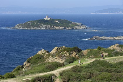 France, Var, Ile des Embiez, Pointe du Coucoussa, in the background the lighthouse of Grand Rouveau Island and the mainland