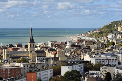 France, Seine Maritime, Le Havre, St. Vincent de Paul Church and the hill of Sainte Adresse in background