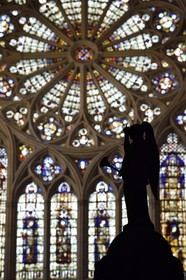 France, Moselle (57), Metz, la cathédrale Saint-Etienne, ange surmontant la chaire devant la grande rosace de la facade occidentale
