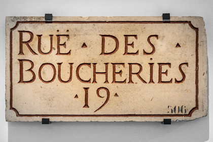 France, Paris, Marais district, Carnavalet Museum, Paris sign room, street sign rue des Boucheries, engraved liais stone (18th century)