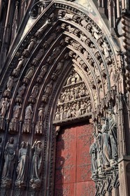 France, Bas Rhin, Strasbourg, old town listed as World Heritage by UNESCO, Notre Dame Cathedral, the western facade, north portal called Virtues slaying Vices