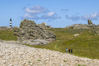 France, Finistère (29), Mer d'Iroise, Ile d'Ouessant, randonneurs à la Pointe de Pern et le phare du Créac’h en arrière plan