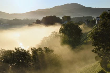 France, Pyrenees Atlantiques, Basque Country, Cambo les Bains, fog on the Nive river in the early morning